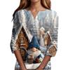 Women's Fashion Casual Christmas Print V-Neck Short Sleeve Decorative Button Three-quarter Sleeve T-shirt Top