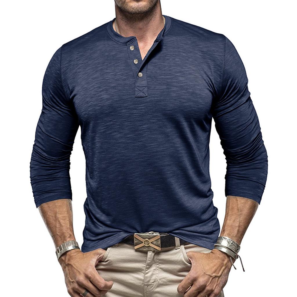 Men's Solid Color Casual Sports Round Neck Button Trendy Slim Fit Long Sleeve Top