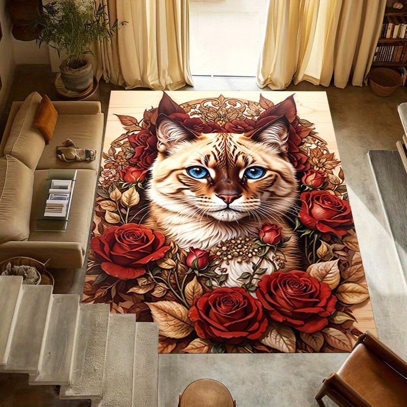 1pc Cat Roses Themed Rug for Home Decor, Non-slip Office Carpet, Chair Mat, Outdoor Mat, Christmas and Halloween Gifts-0731167