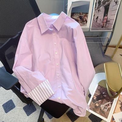 Purple Sleeve Stripe Design Women's Shirts Long Sleeved Loose Casual Shirt Blouses Single Breasted Lapel Ladies Clothing