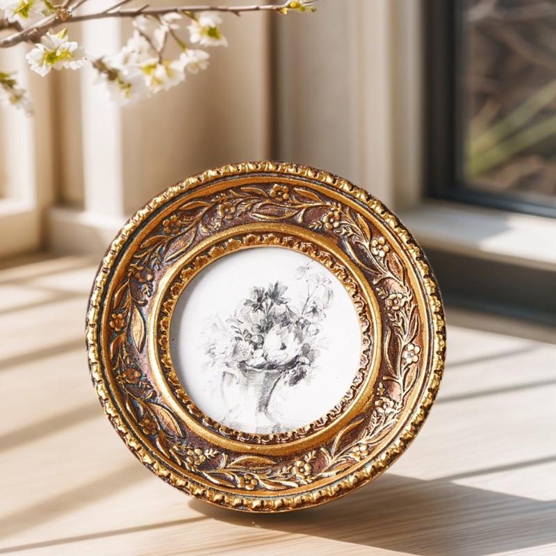 Elegant Resin Circular Picture Frame Antique Bronze Gold Florals Carving Photo Frame For Home Decoration And Desktop Display
