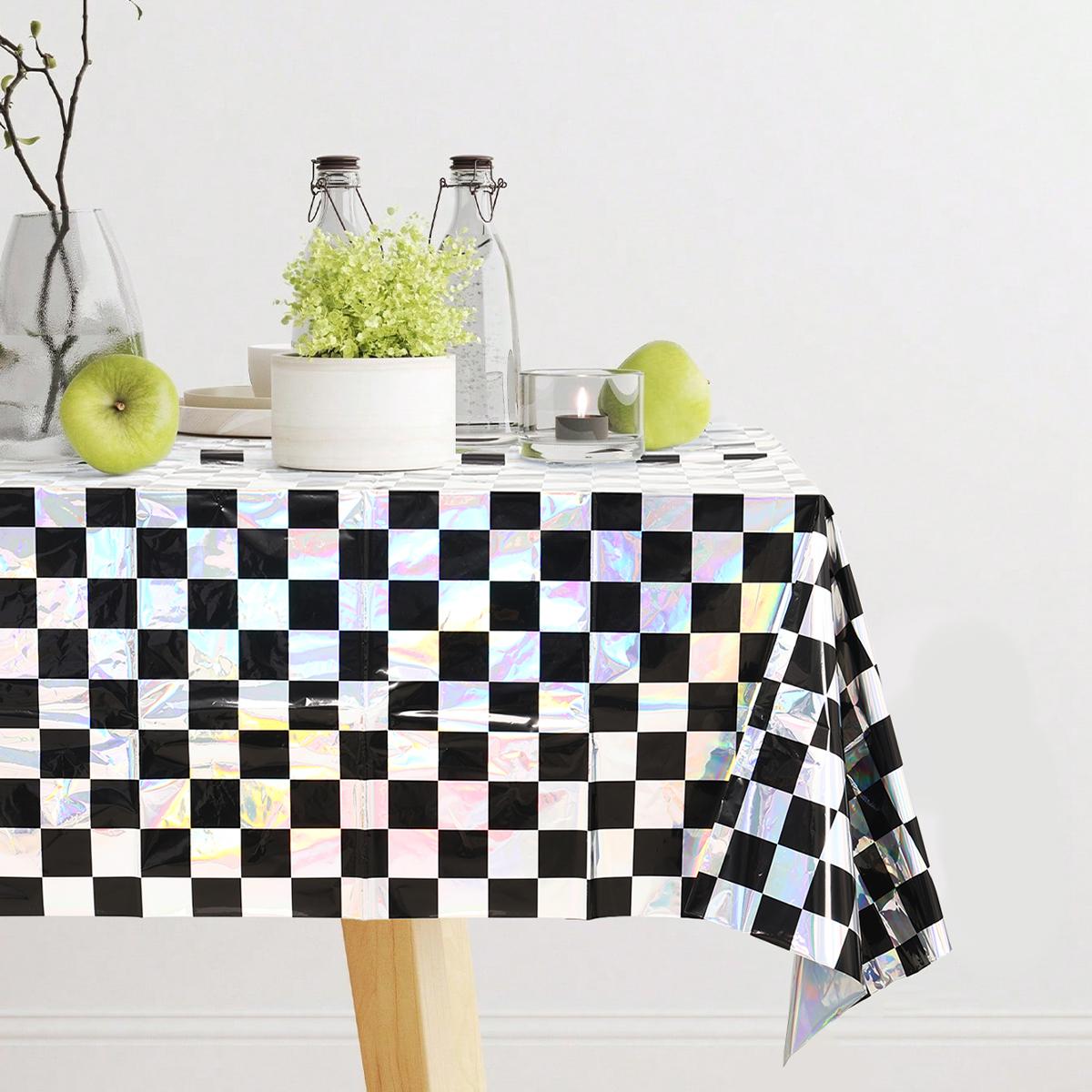 

Checkered Tablecloth Laser Rectangle Table Covers Black Illusory Color Foil Adults Birthday Party Decor Wedding Party Supplies