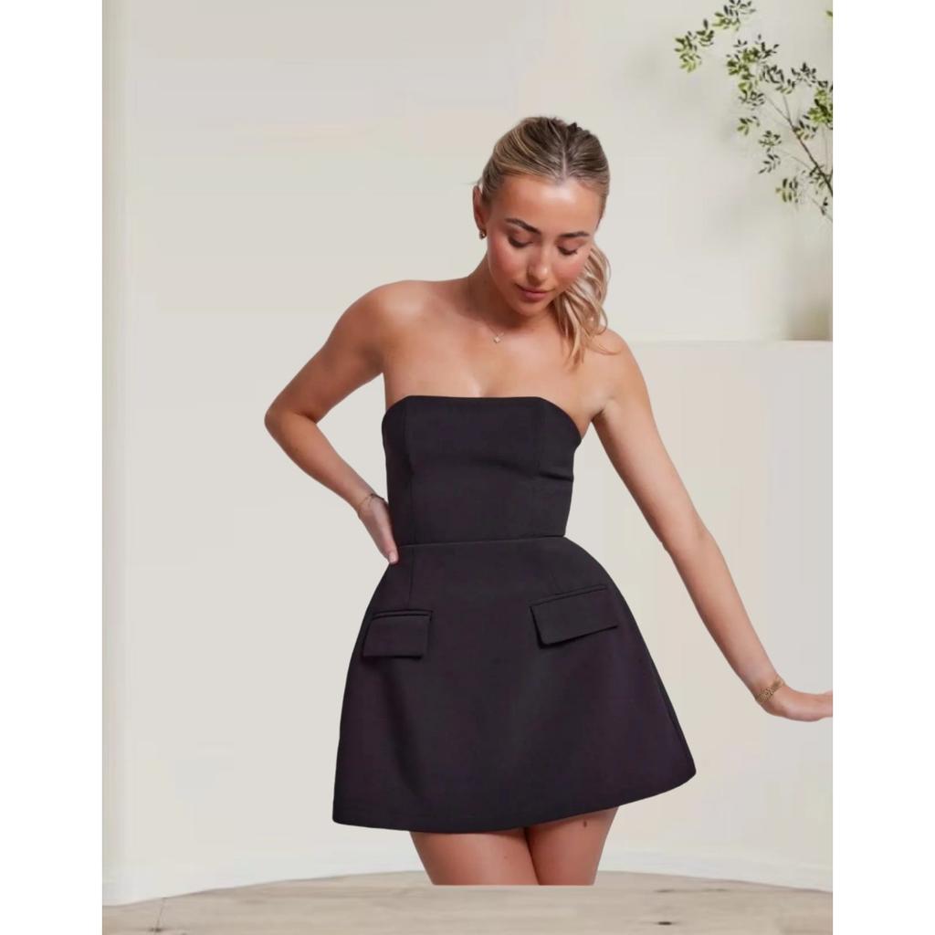 Mini Abito da Donna Senza Spalline Senza Maniche Aderente Vita Alta Elegante Monocolore A-line Abito da Festa Con Tasche Laterali