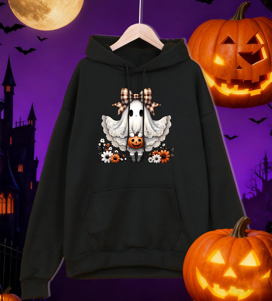 Fröhliches Halloween Schleife Geisterdruck Herren Hoodie Hip Hop Mehrfarbig Kapuzenpullover Fleece Allround-Pullover Übergroße Tasche Sportbekleidung