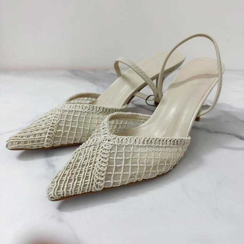 

Fashion Pointed Toe High Heels Women Sandals Woven Mesh Design Slingbacks Summer Footwear Breathable Hollow Out Female Dress Shoes 42 слоновая кость