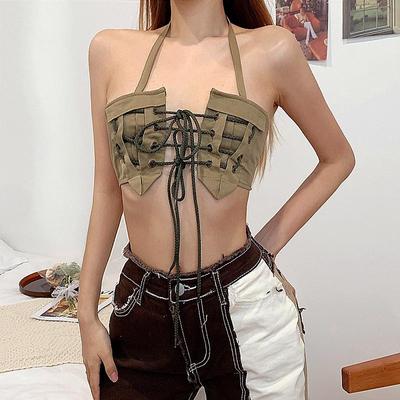 Women Club Party Sexy Backless Summer Halter Y2K Tops Streetwear Vintage Bandage Lace Up Crop Tops