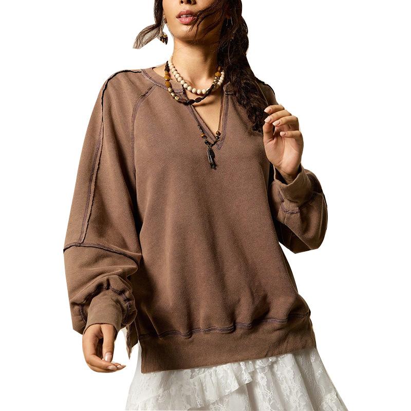 women s Brown Oversized V Neck Sweatshirt Long Sleeve Loose Fit Pullover Top S коричневый