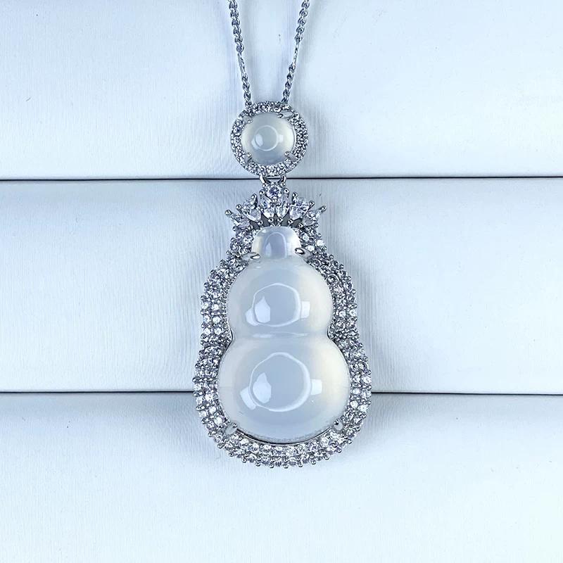 Natural Ice Chalcedony Pendant Women's Jadeite Inlaid Gemstone Transparent White Jade Pendant Agate Necklace Hanging Pendant