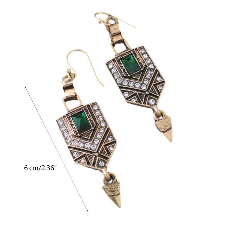 Vintage Rhinestone Ear Drops Green Glass Crystal Earrings Ancient Gold Color Earwear Stylish Accessories for Women Girls