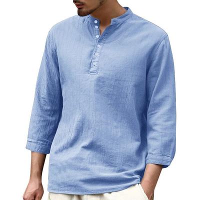 Cotton Linen Shirts Long Sleeve Breathable Popular Round Neck Beach Shirt for Men