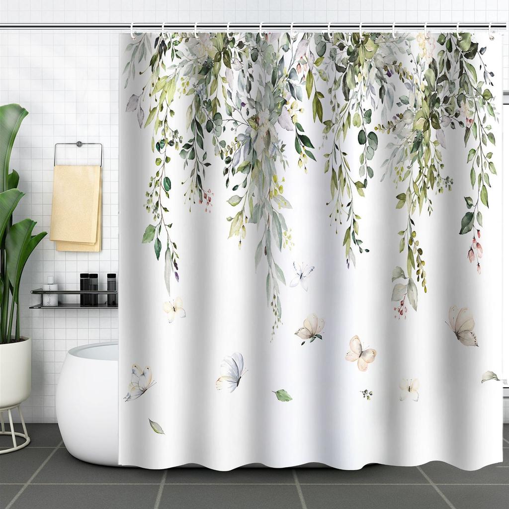 Green Plant Waterproof and Mildew-proof Polyester Bathroom Shower Curtain Shower Curtain Partition Curtain Free of Punching