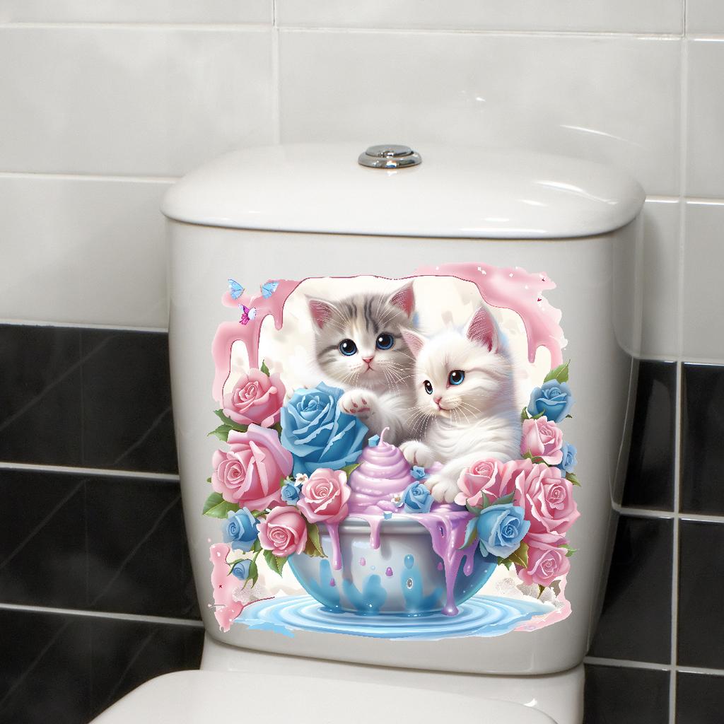 Cat & Floral Animal Toilet Stickers, Waterproof Removable Self-Adhesive Bathroom Wall Decals
