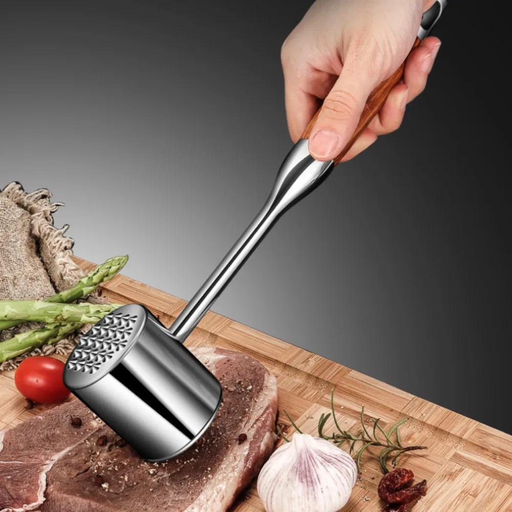 Damaly,304 Stainless Steel Meat Tenderizer Pounder with Wood Handle, Dual-Sided Kitchen Tool for Pounding Meat and Garlic