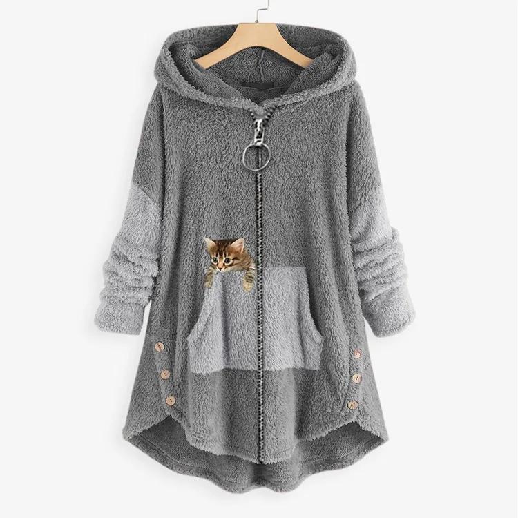 Women's Plus Size Zip Hoodie Cat Print Cuddly Fleece Jumper Teddy Jacket Plush Hoodie Pullover Long Sweatshirts