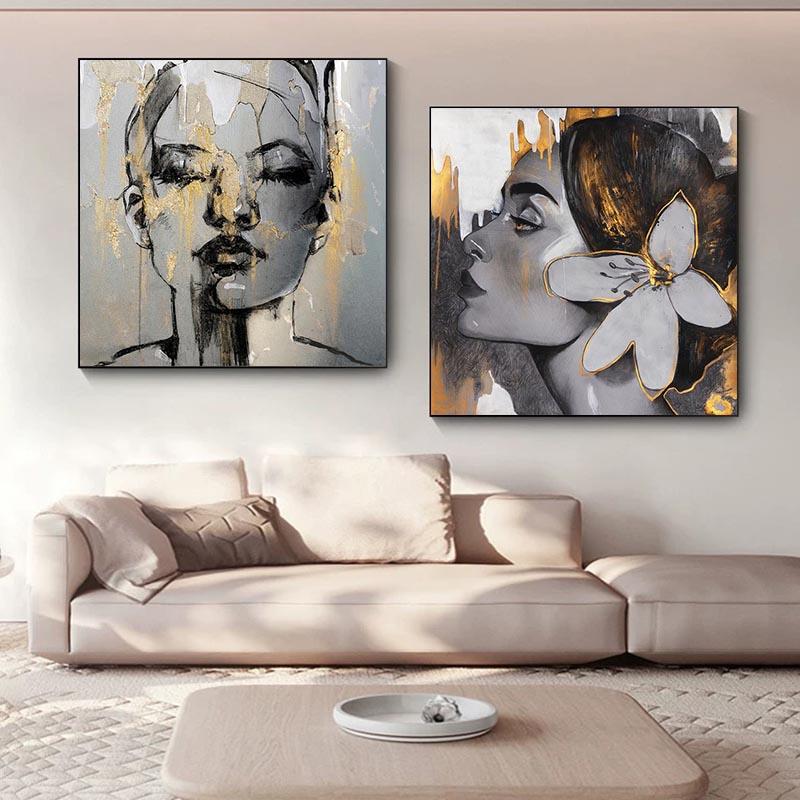 Abstrakte Figur Poster und Drucke Leinwand Malerei Golden Girl Face Mode Wand Kunst Bilder für Wohnzimmer Dekor kein Rahmen