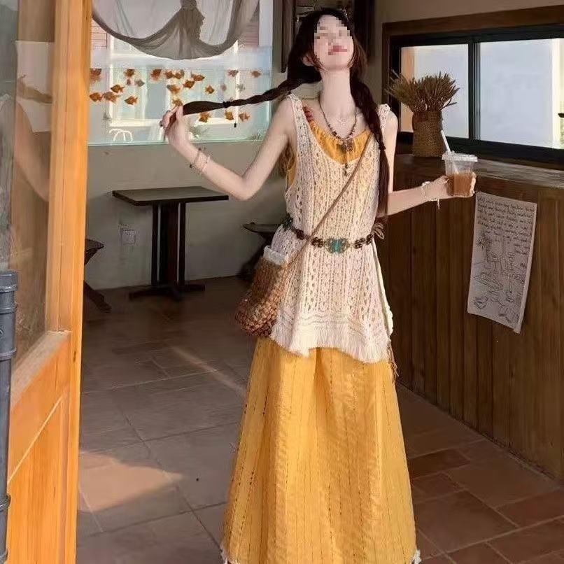 Bohemian Holiday Style Suit, Korean Tassel Suspender Dress Stacked with Hollow Blouse, a Complete Set of Women's Summer