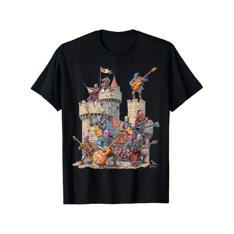 Men'S Heavyweight 180Gsm Medieval Knights And Castle Concert T-Shirt - Soft Round Neck Tee Suitable For Renai, Medieval Fantasy Art Shirt For Themed