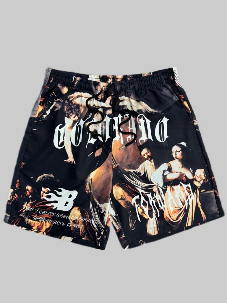 Men Gothic Angel Graffiti 3D Print Mesh Beach Shorts Elastic Drawstring Loose Straight Casual Summer Board Shorts