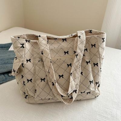 Bow Pattern Commuting Shoulder Bag Corduroy Handbag Large Capacity Women Tote Bag Multi-pockets Eco-friendly Shopping Bags