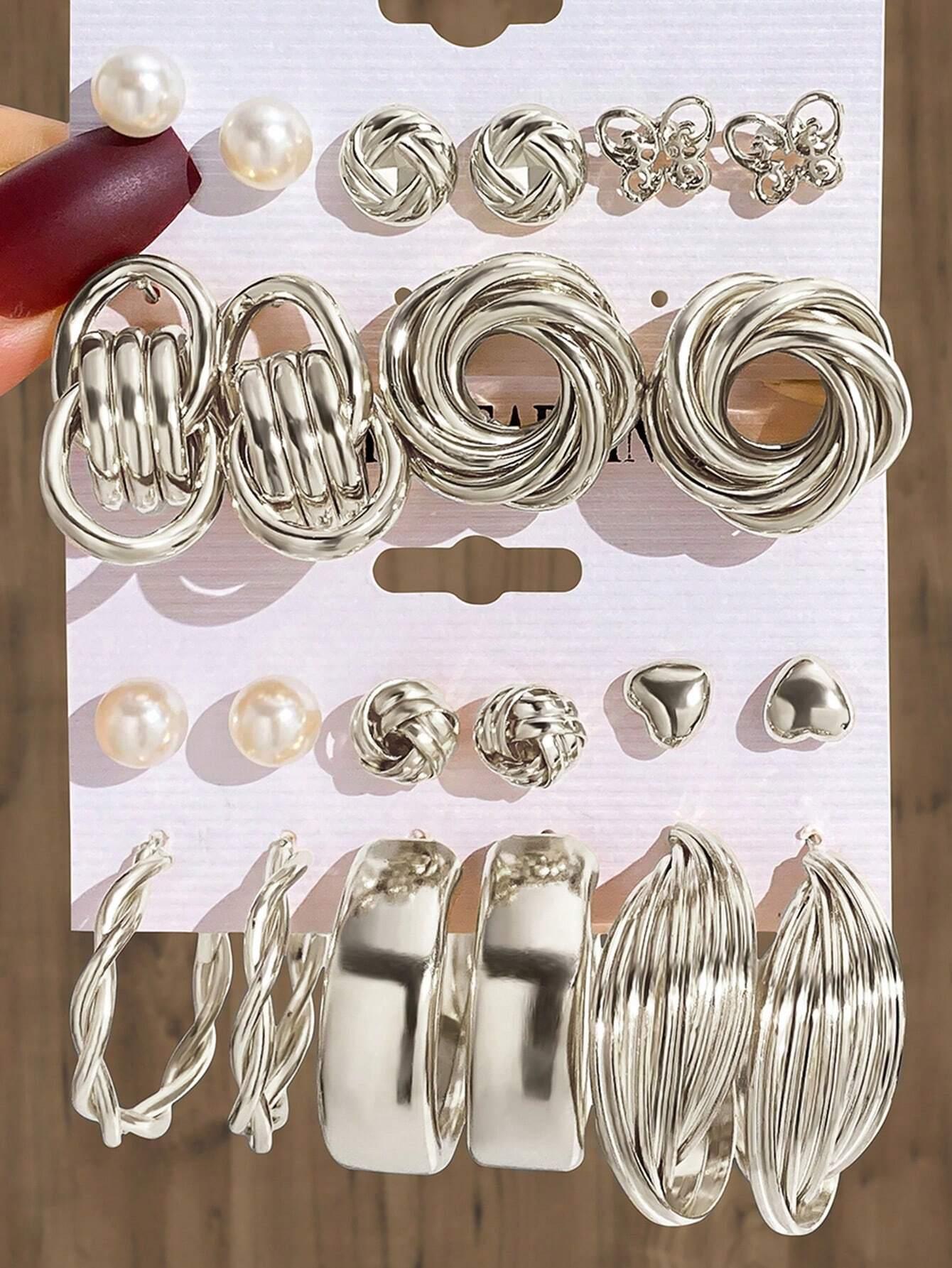 

22Pcs/Set Fashion Gold Color Simple Earrings Retro Versatile Heart Faux Pearl Geometric Design Earring Daily Wear Jewelry Gifts
