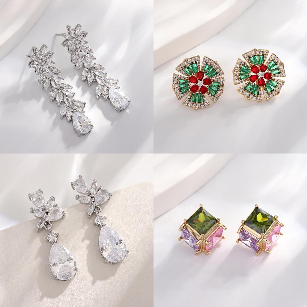 Zircon Drop Earrings With Glittering Lotus Water Drop Design For Women Summer