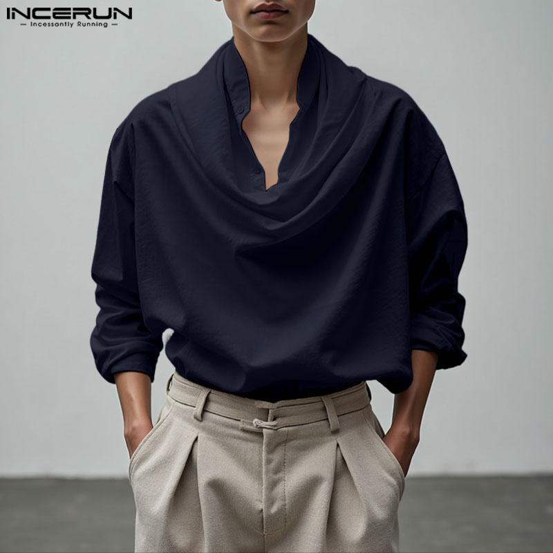 INCERUN Camicie Top Casual Larghe a Maniche Lunghe con Bottoni e Collo a Bavero da Uomo