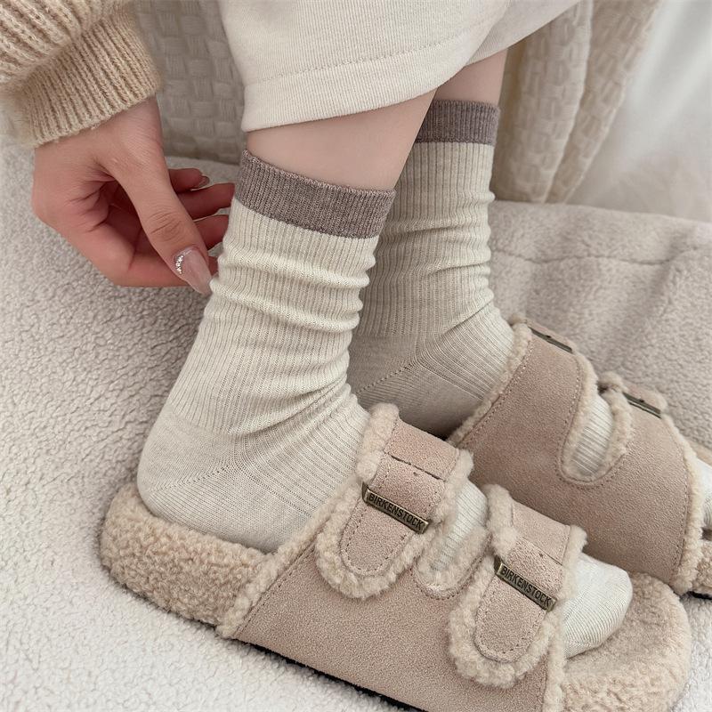 Autumn and Winter Women's Mid-calf Socks, Winter Thickened Warm Cashmere Socks, College-style Color-blocked Wool Socks