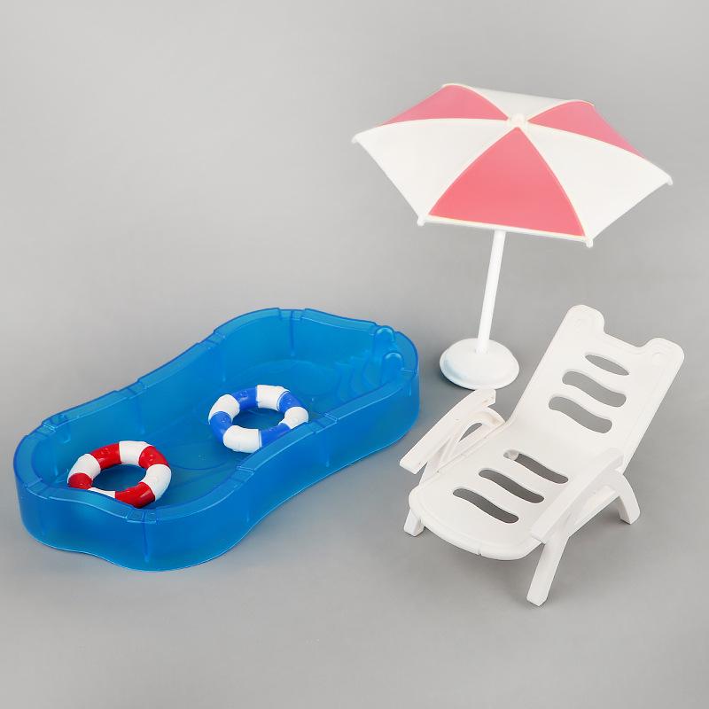 Miniature Doll Pool Set with Swim Ring, Coconut Tree, Sun Umbrella, and Beach Chair - Children's Toy Accessories