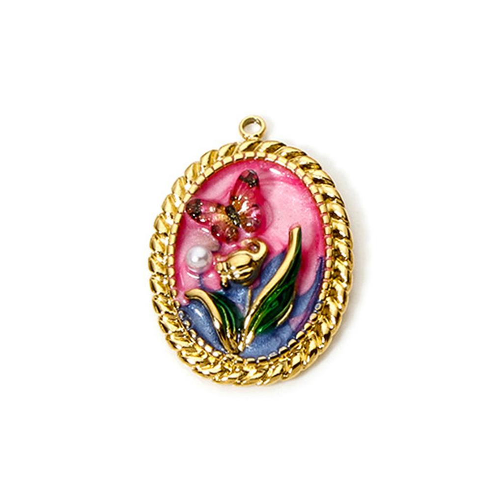 1 Pezzo Ciondoli in Acciaio Inossidabile 304 Placcati Oro 18K Rotondi Fiore Smalto Pittura ad Olio Ciondoli Componenti per Gioielli Fai da Te