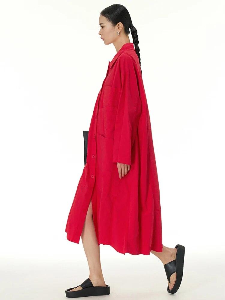 Xitao Solid Color A-line Dress Simplicity Pocket Decoration Casual Single Breasted Women DMJ3854