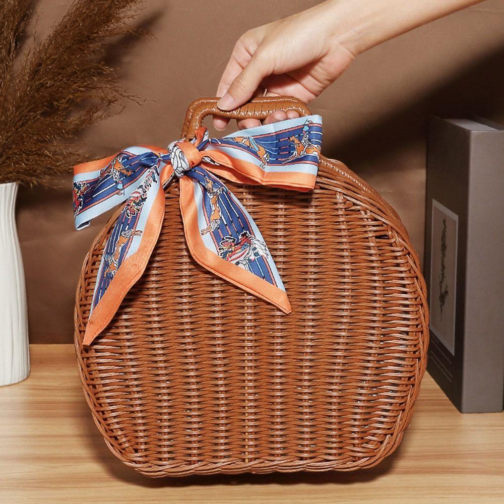 Vintage Round Wicker Suitcase Large Capacity Handmade Picnic Basket Anti-impact Dust-proof Sundries Organizer for Home