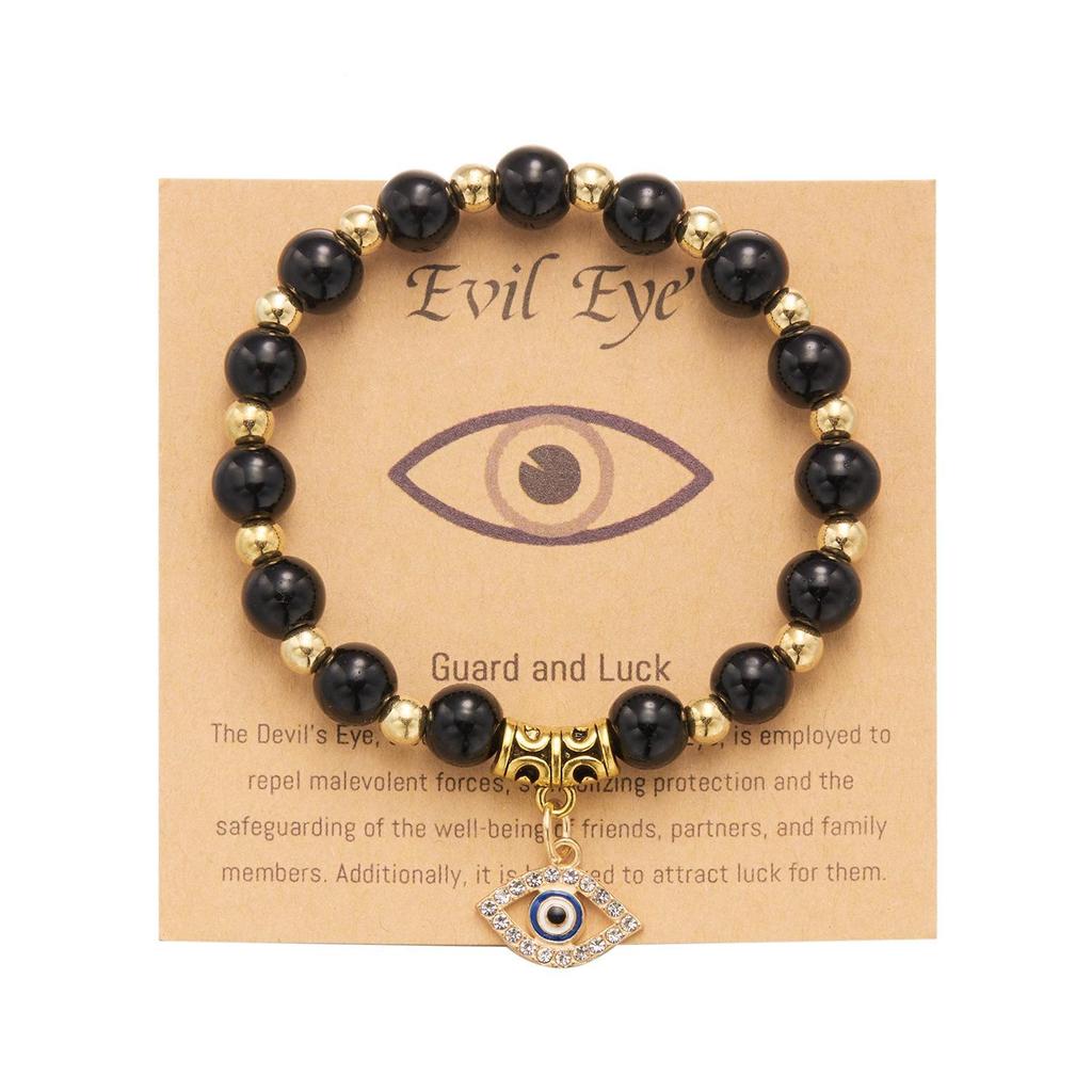 European-American Yoga Energy Bracelet with Natural Stone & Gold Spacer Beads, Featuring a Blue Evil Eye.