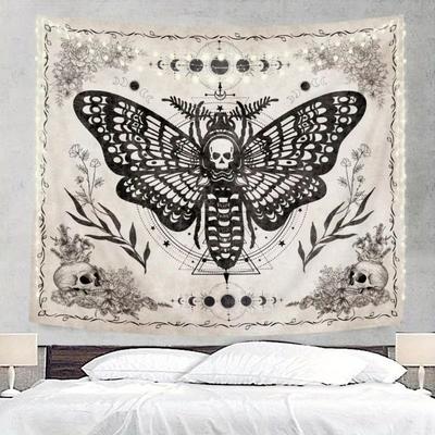 Dark Gothic Skull Moth Tapestry Featuring Wings Plant Skull  Moon for Living Room Feature Wall And Room Decor