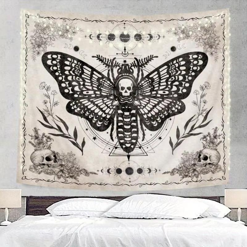 Dark Gothic Skull Moth Tapestry Featuring Wings Plant Skull Moon for Living Room Feature Wall And Room Decor