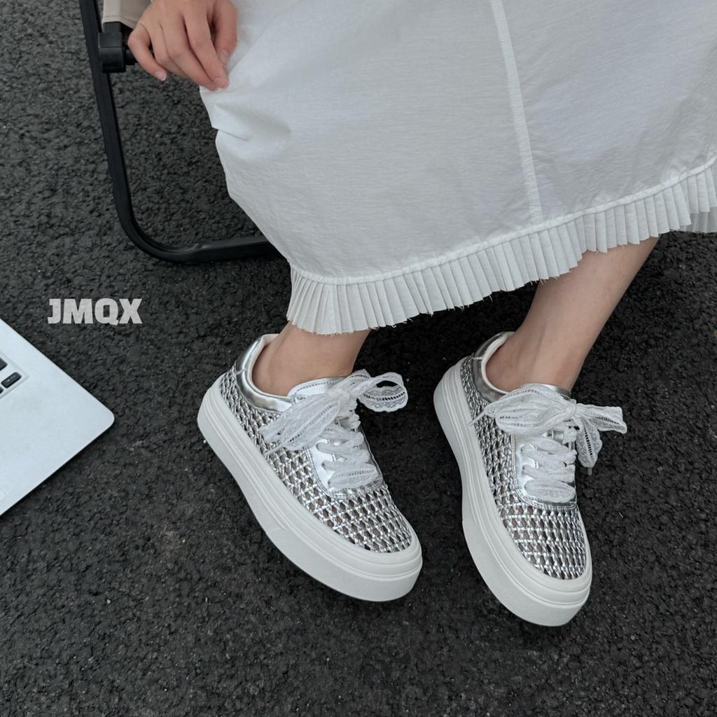 2025 summer new woven hollow through mesh platform casual board shoes women's shoes lace-up sports shoes versatile breathable tide