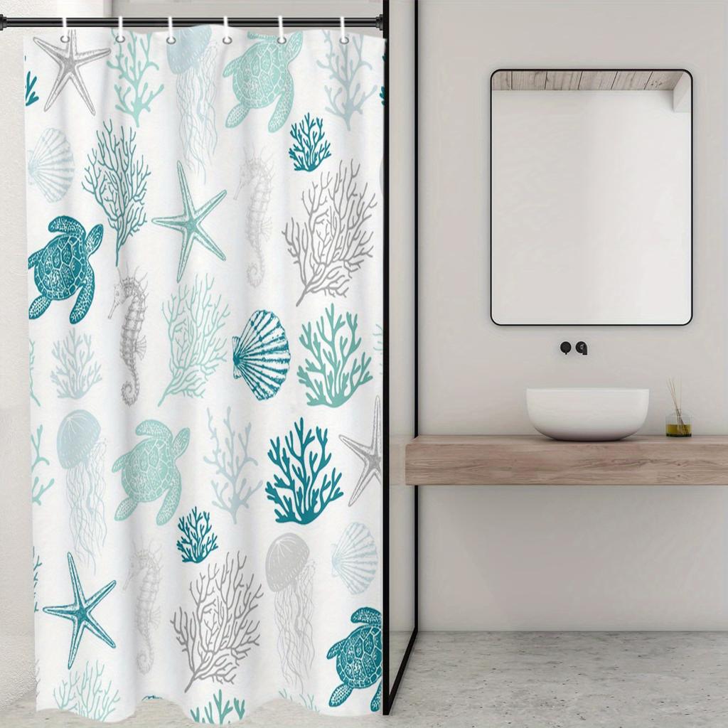 1pc Ocean Bliss Shower Curtain, Underwater Marine Design with Turtle & More, Polyester, Machine Washable, Beach Bath Decor