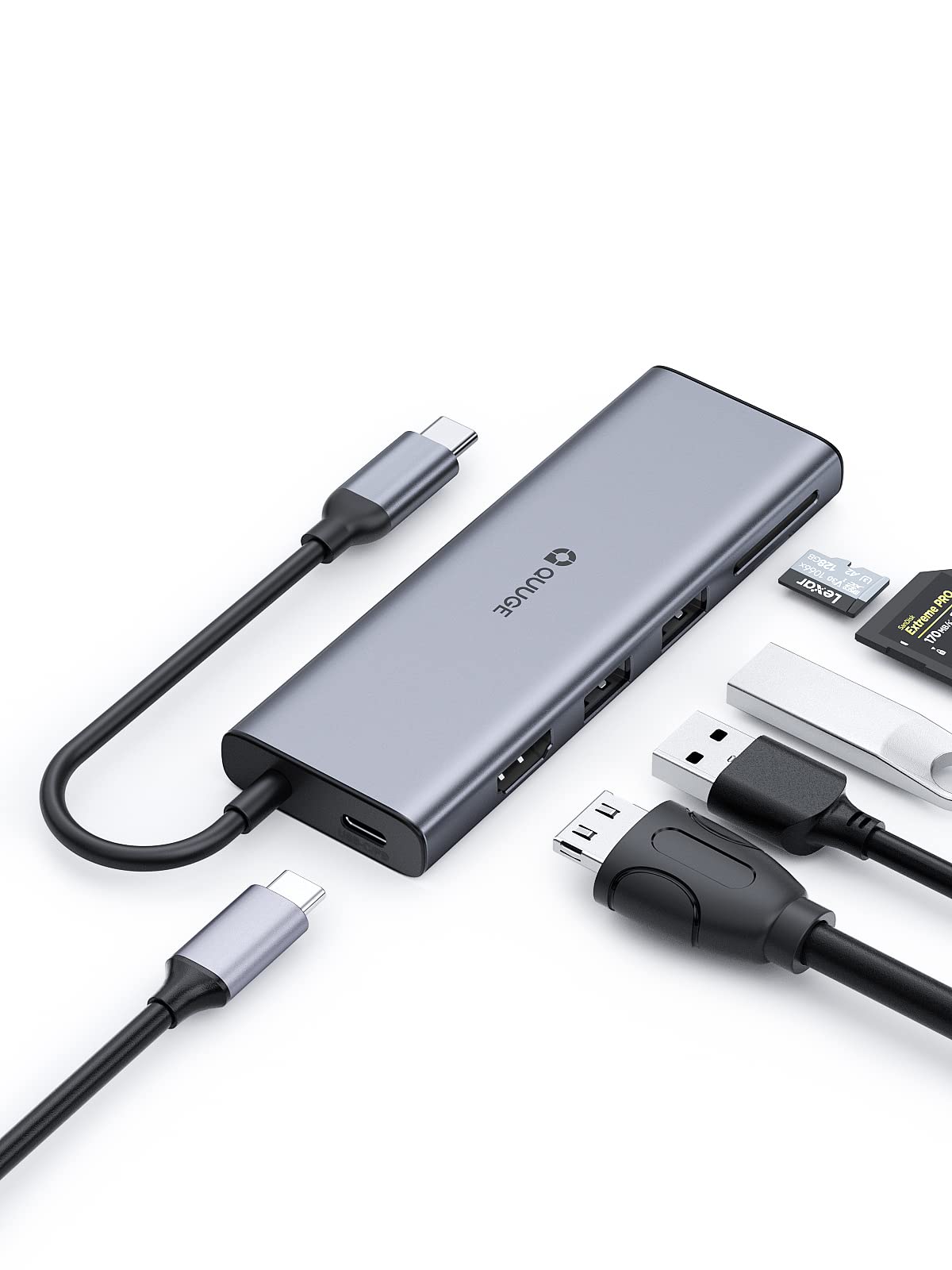 

QUUGE 6-в-1 USB-концентратор расширения PD, быстрая зарядка, 100 Вт, адаптер-преобразователь HDMI, 4K Multi Type C, слот для карты, порт расширения x 2, 5 Гбит/с, концентратор передачи данных