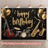 Decoración de fiesta de cumpleaños temática de música, plana 2D, de 1 pieza, en dorado y negro - letras de globos y pancarta de cumpleaños de fluido dorado brillante