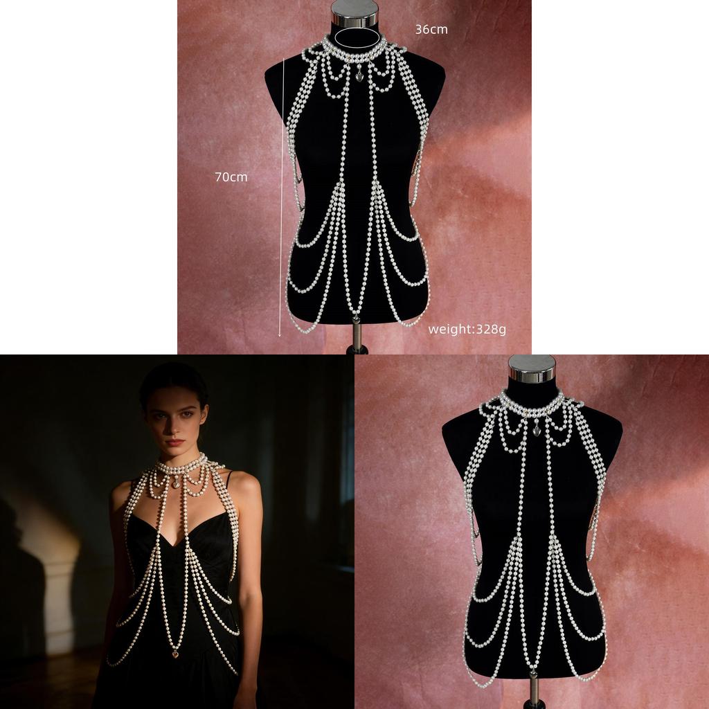 Classic Pearl Multilayer Body Chain With Heart Pendant For Elegant Party Wear