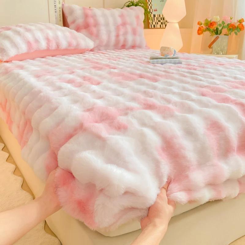 Flauschiges Plüsch Spannbettlaken für Winter Einfarbig Kaninchenfleece Bettlaken mit Gummizug Winter Warm Verdicken Matratzenschoner