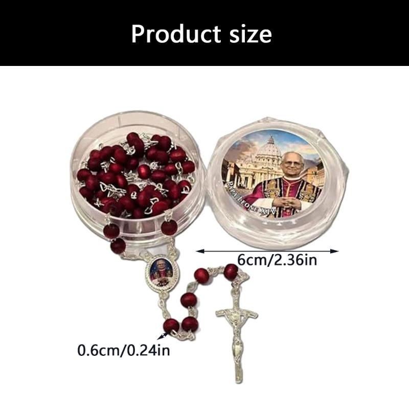 Rose Scented Wooden Rosary Beads with Pope Leos Charm Wood Catholic Rosary Beaded Christian Pendants Necklace for Prayer