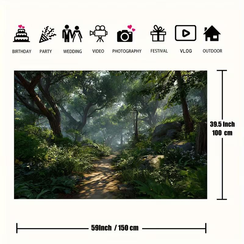 2D Woodland Forest Backdrop, Misty Green Path Background for Outdoor Themed Party