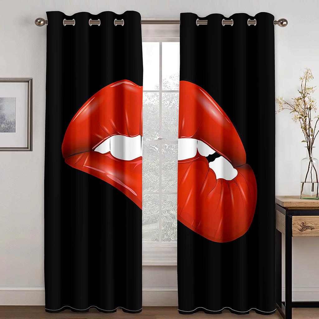 Sexy Red Lips Rainbow Abstract Art Mouth Girl Light Filtering Drapes Window Curtains for Living Room Bedroom 2 Pieces Decor