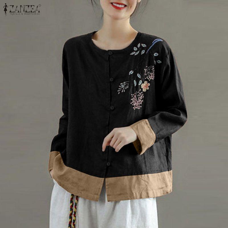 ZANZEA Women Casual Round Neck Loose Long Sleeve Print Blouse