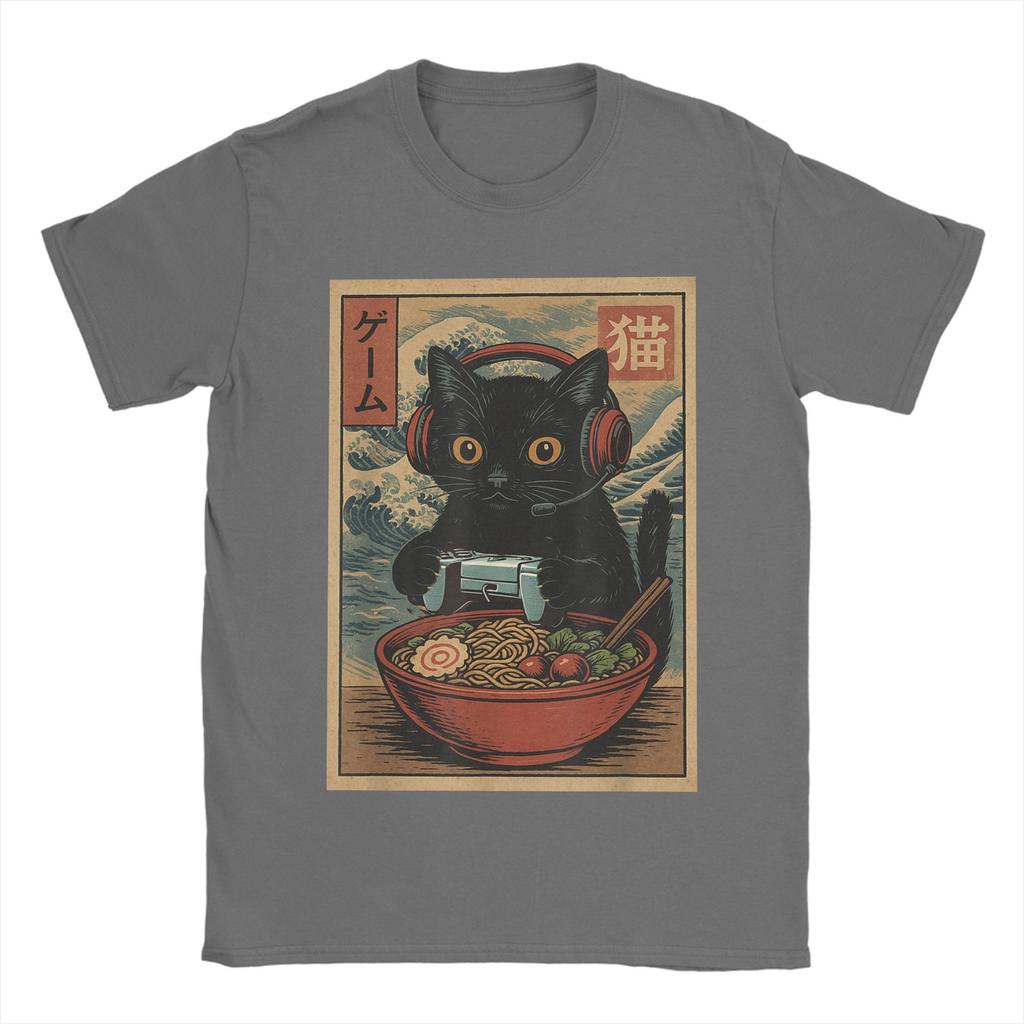 Niesamowite japońskie koszulki z kotem ramen dla mężczyzn z okrągłym dekoltem 100% bawełniane koszulki Kawaii kot z makaronem koszulki z krótkim rękawem oryginalne topy