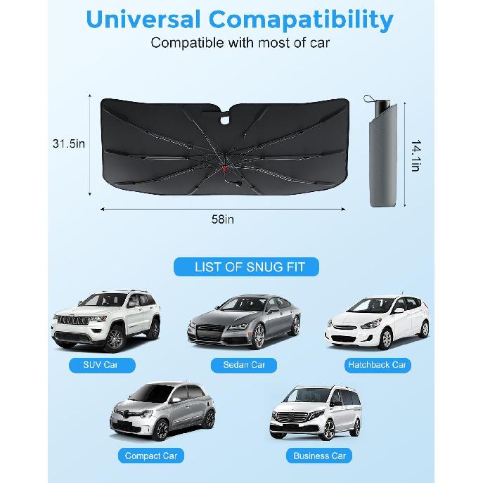 [2025 Updated] Bolamp Car Windshield Sun Shade, [Effective Keep Cool] Spring Structure Umbrella Sunshade for Automobile Windshield, Protect Cars