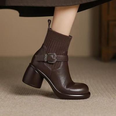 Boots Women's Fashion Black Platform Socks Boots Women's High Heel Autumn and Winter Soft Leather Fleece Elastic Boots Waterproof Table Coarse