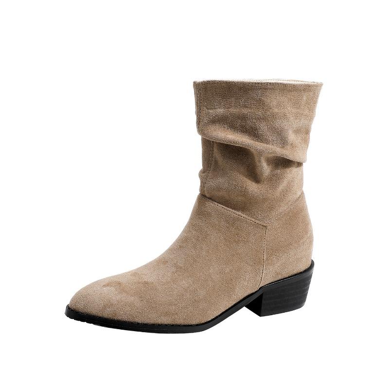 

Retro pleated piled boots new autumn small comfortable super pointed short boots women are not tired 39 хаки