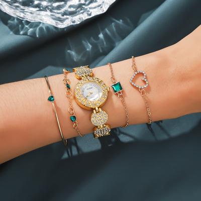 Ladies' New Noble Style Round Diamond Dial Steel Strap Quartz Watch Heart-shaped Bracelet Emerald Bracelet Personalized Bangle H
