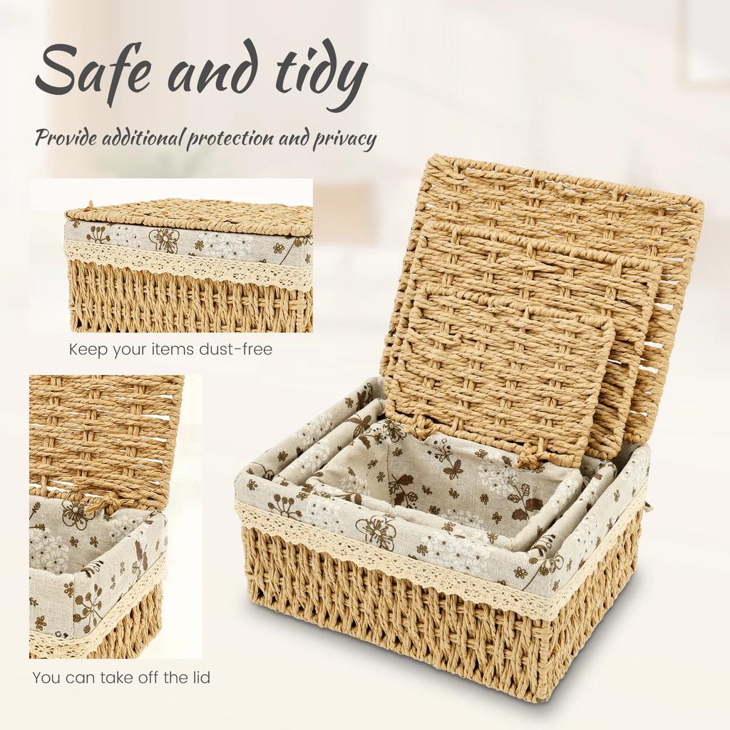 3Pcs Rattan Woven Storage Basket Stackable Food Towels Clothing Basket Cosmetic Rectangular Storage Box Home Kitchen Supplies
